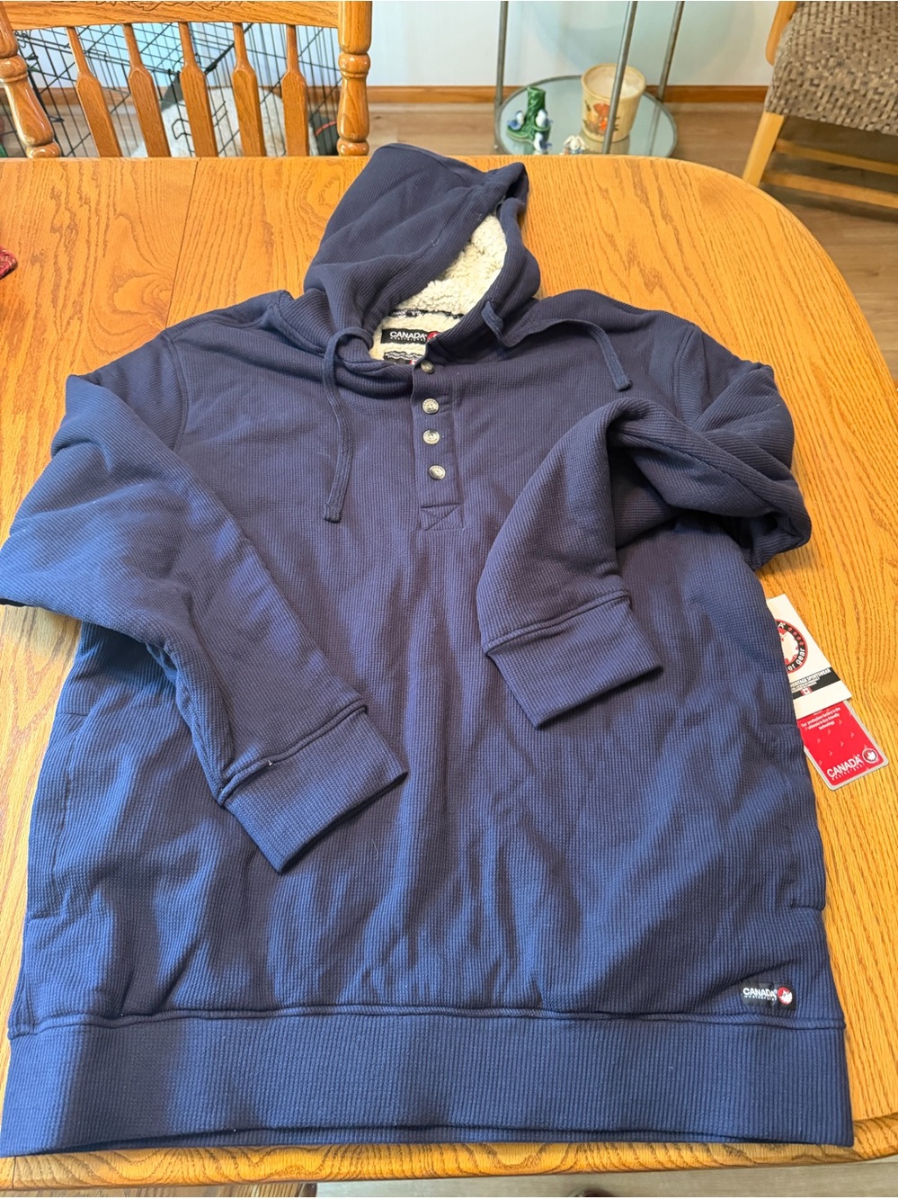 Canada Weathergear Men’s Navy Hooded Henley Sweatshirt - Sherpa Lined Large NEW